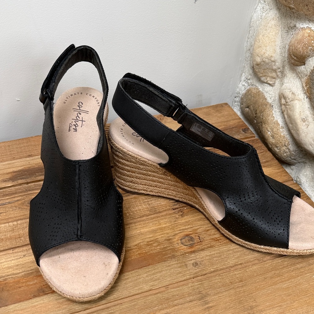 Clark’s Black Wedge Leather Sandals